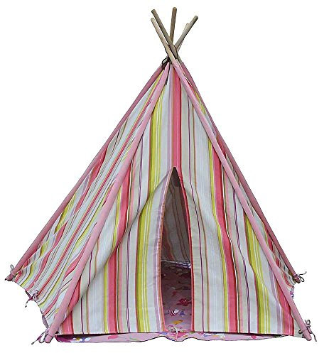HAB & GUT -ZK003- TEEPEE - hochwertiges Stoffzelt für Kinder, Streifenmuster pink/beige, Höhe 135 cm, Ø 180 cm - Holzstangen, Baumwolle, Indoor
