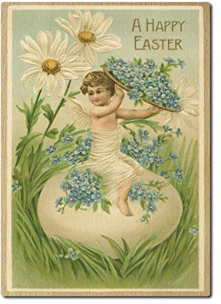 Interluxe Postkarte aus Holz A happy easter Nostalgie vintage Karte Engel auf Ei Ostern Geschenk Gruß