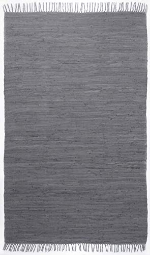 Theko | Dhurry Teppich aus 100% Baumwolle Flachgewebe Teppich Happy Cotton | handgewebt | Farbe: Anthrazit | 70x140 cm