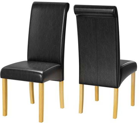 1home Set of 2 Faux Leather Dining Chairs Roll Top High Back with Solid Wooden Legs Oak Finish for Home & Commercial Living Room Bedroom Kitchen Restaurants Black