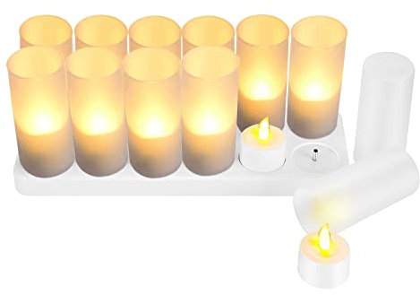 Lot de 12 Bougie LED Rechargeable Bougie Électrique Flamme Vacillante avec Station de Charge Décoration pour Noël Anniversaire Mariage Dîner Votive Table Café Bar Restaurant Hôtel