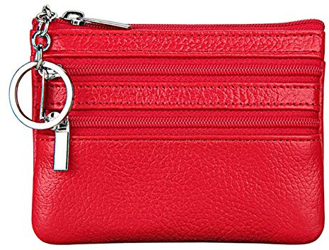 Damen Echtleder Münzbörsen Mini,Klein Geldbörse Münzegeldbörse mit Schlüsselanhänger, rot
