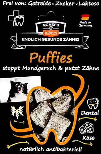 QCHEFS PUFFIES Hundeleckerli bei Mundgeruch, Zahnfleischentzündung als Zahnsteinentferner durch natürlich antibakterielle Zahnpflege ohne Dentalspray, Zahnbürste oder Zahnpasta