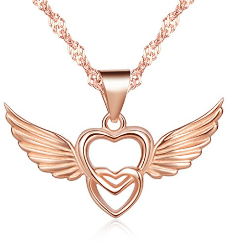 Unendlich U Klassisch Damen Halskette Doppel Herzen Engelsflügel Anhänger Rosegold 925 Sterling Silber Kettenanhänger