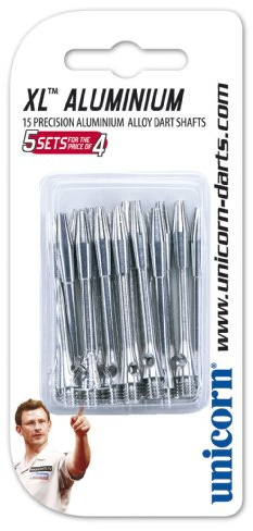 Unicorn XL Dartschäfte Vorteilspack | strapazierfähiges Aluminium | Medium 45,6 mm | Silber | 15 Schäfte (Paket kann variieren)