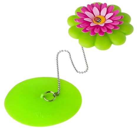 Vigar Flower Power Bathtub Drain Stopper, Tub Stopper with Chain and Daisy-shaped Floaty, 4-1/10 Inches, Perfect Bathroom Accessories, Pink, Green