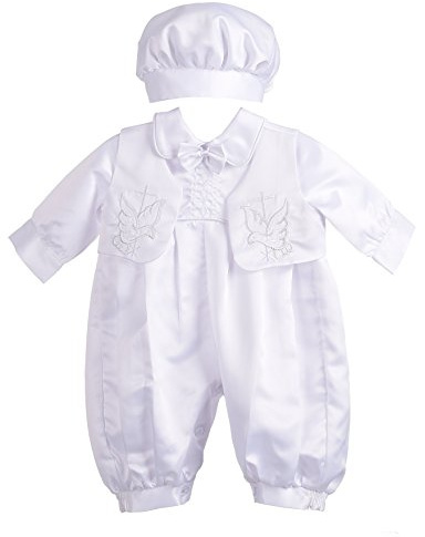 Dressy Daisy Infant Baby Boy Christening Baptism Outfit Satin Romper Bodysuit Set with Bonnet Hat Size 3-6 Months, White