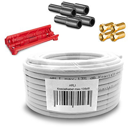 ARLI 20m Koaxialkabel – max. 135 dB 5-fach geschirmt UV-beständig + 4x F-Stecker vergoldet & 4x Gummitülle & Abisoliermesser für DVB-S DVB-T2 4K HDTV