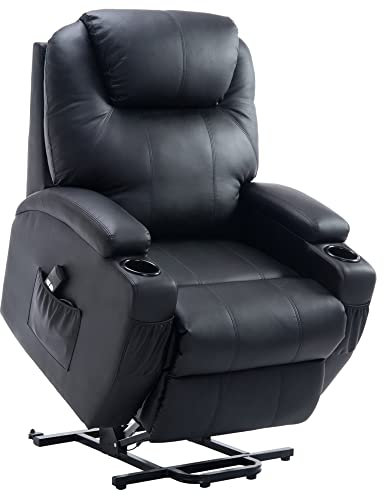 HOMCOM Fernsehsessel mit Aufstehhilfe Elektrisch Relaxsessel mit Liegefunktion, TV-Sessel mit Becherhalter, Seitentasche und Fernbedienung, Kunstleder, Schwarz