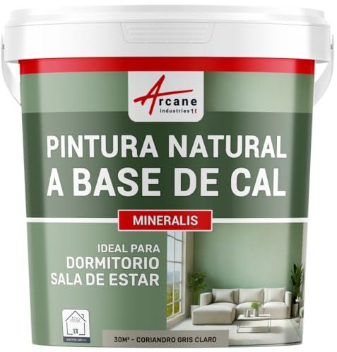 Pintura a la Cal Interior Decorativa 30 m² Coriandro Gris Claro | Aspecto Mate, sin Disolvente Ni Olor, Transpirable, Paredes, Cemento, Piedra y Cal, Uso Interior - Arcane Industries