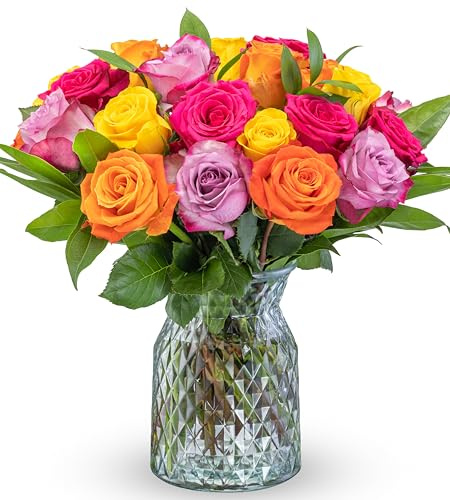 Benchmark Bouquets Two Dozen Long Stem Rose Bouquet – Real Fresh Flowers for Delivery – Mother’s Day Roses Assorted Colors – Gifts for Mom, Birthdays & Celebrations – Glass Vase Included