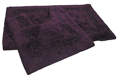 Tony's Textiles Diamante Sparkle 100% Cotton Heavyweight 2 Piece Bath Mat & Pedestal Bathroom Toilet Set Purple Aubergine (Standard)