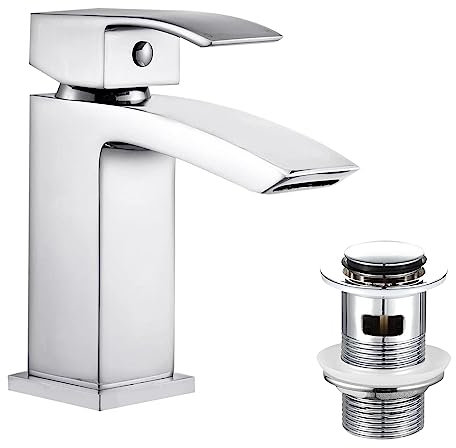 Hapilife Basin Taps Waterfall with Pop up Waste Slotted Square Bathroom Sink Mixer Tap with G1/2 UK Standard Hoses Single Lever Mono Monobloc Modern Cloakroom Faucet 1 Hole