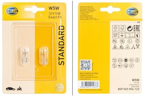 HELLA 8Gp 003 594-123 Ampoule - W5W - Standard - 12V - 5W - Type De Culot: W2,1X9,5D - Blister - Quantité: 2