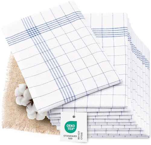 ZOLLNER 12er Set Geschirrtücher Halbleinen in 50x70 cm - super saugstarke und fusselfreie Küchentücher – waschbar bis 95°C – in blau weiß kariert - Gastronomiequalität - Oeko Tex® Zertifiziert
