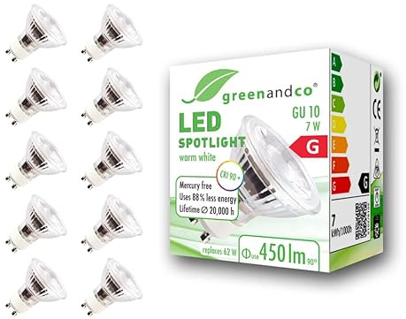 10x greenandco® CRI 90+ 3000K 36° LED-spot ersätter 62W GU10 halogenstrålkastare, 7W 450lm varmvit 230V AC, flimmerfri, inte dimbar