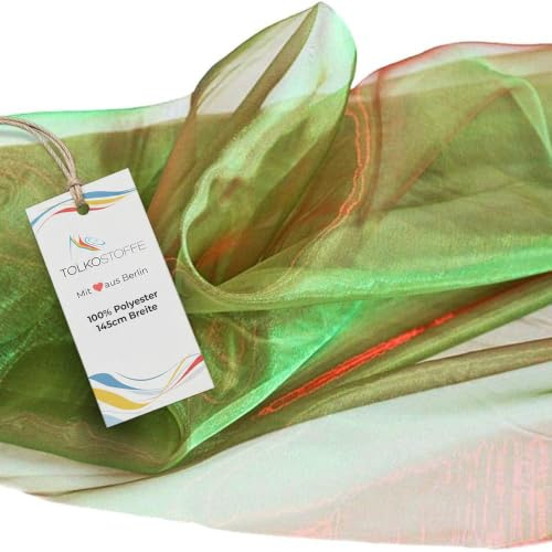 TOLKO 1m Organza Stoffe zum Nähen Meterware | Hauch Zart, Fein, Durchsichtig | zum Dekorieren Basteln 145cm breit | leichter Glanz Stoff für Gardine Vorhänge Tischdecken Deko Schals (Grün Rot)