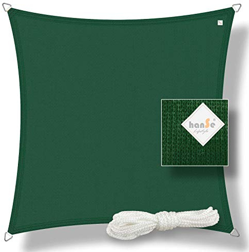 hanSe Sonnensegel quadratisch, Segeltuch Quadrat, 2x2m in Grün, aus HDPE Gewebe, wetterbeständig mit UV Schutz und Sonnenschutz für Garten, Balkon und Terrasse