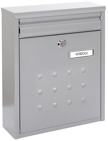 ARREGUI Dime V1322 Briefkasten aus Verzinktem Stahl, Größe M (DIN A4 Post), Gruppierbarer Wandbriefkasten für den Außenbereich, Witterungsbeständig, Schmal, mit Namensschild und Einwurfklappe, Silber