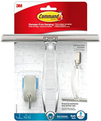 Command Stainless Steel Shower Squeegee and Satin Nickel Hook with 2 Water-Resistant Strips - Ideal for Mirror, Tile & Glass Door - Damage Free Hanging, Packaging may vary