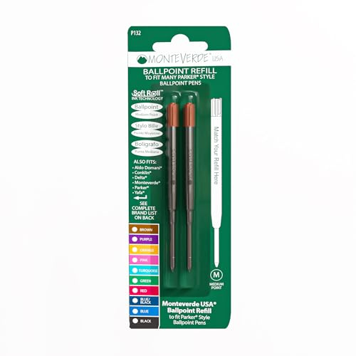 Monteverde Recharges pour Stylo à bille Pointe moyenne, rouleau souple compatible Stylos Parker - Brun (Lot de 2)