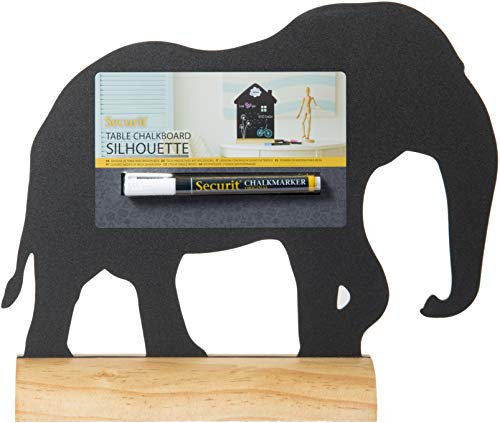 SECURIT - Lavagna Da Tavolo Silhouette Elefante - Per Pennarelli A Gesso Liquido - Per Caffè, Ristoranti, Negozi, Casa - Inserto Rimovibile - Base In Legno Laccato - 24,2x29,5x6cm - Pennarello Incluso