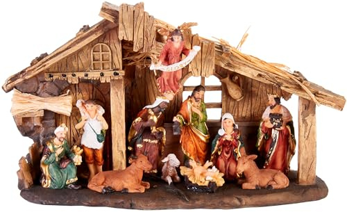 BRUBAKER Christmas Real Life Nativity Scene Set - Holiday Decoration - Stable with 11 Resin Figurines (not re-arrangeable) - Designed in Germany
