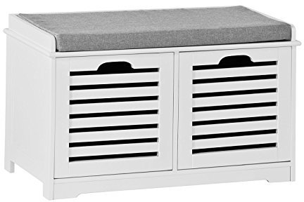 SoBuy Schuhbank Sitzbank mit Stauraum – Schuhregal mit 2 Körben, Sitztruhe mit Sitzkissen – Flurbank Kommode für Eingangsbereich – Belastbar bis 120kg, 71x43x34cm – FSR23-K-W