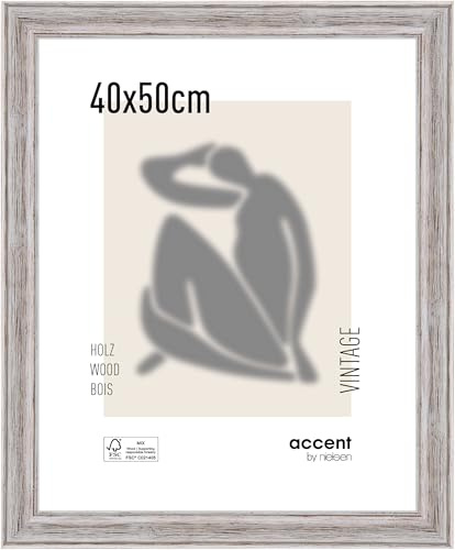 accent by nielsen Holz Bilderrahmen Vintage, 40 x 50 cm, Weiß | Holz Posterrahmen im Hoch- & Querformat zum Aufhängen Weiß gebürstet Echtglas