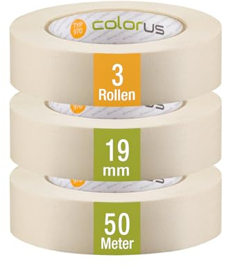 Colorus Flachkrepp 19 mm x 50 m Malerband 3 Rollen | Schmales Kreppklebeband für den Innenbereich – robust und wasserabweisend, für glatte und leicht raue Untergründe