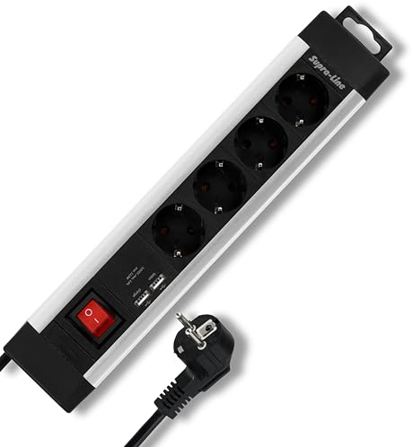 REV SupraLine Steckdosenleiste 4-Fach - Mehrfachsteckdose mit USB & Schalter, 2,2m Kabel, Wandmontage & Kabelknickschutz, Silber