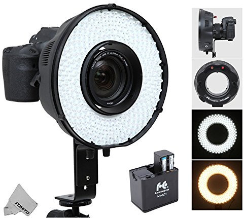 Fomito Anneau macro portable LED DVR-240 DF 3200 K-6500 K pour appareils photo reflex numériques Canon Nikon Sony Pentax + adaptateur de batterie de rechange MV-AD1 pour Sony NP-F750, piles AA