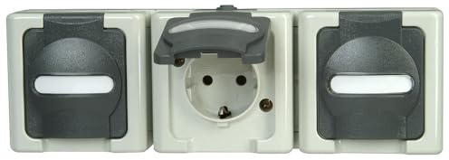 Kopp BLUE ELECTRIC 131356005 - Schutzkontakt-Steckdose mit Klappdeckel, 3-fach, fertig verdrahtet, Farbe: grau
