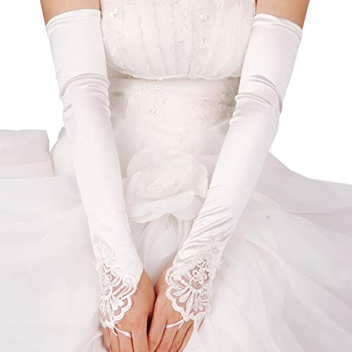 Asudaro Damen Lange Brauthandschuhe Hochzeitshandschuhe Sexy Spitzenhandschuhe Fingerlos Handschuhe Hochzeit Abend Party Satin Fäustlinge Satinhandschuhe 42CM