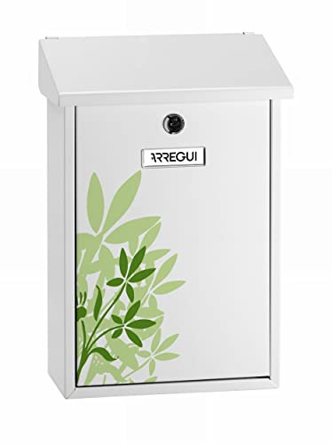 ARREGUI Premium E5608 Buzón Exterior de Acero con serigrafía decorativa Blossom, Tamaño M (Correo DIN A4 y Revistas), Buzón de Correo, Buzón de Pared, Antilluvia, Fácil de Instalar, Blanco