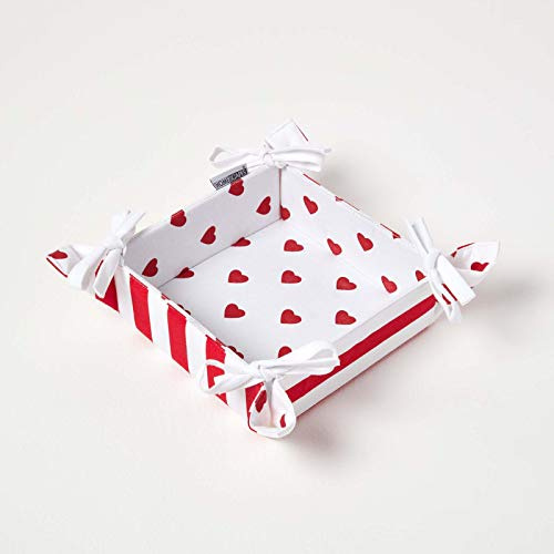 HOMESCAPES Reversible Bread Basket Double Design Fabric Red Hearts pattern Foldable Basket for Buns Eggs Baked Goods 100% Cotton Cover