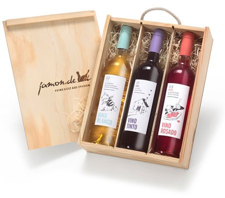 Geschenk für Weinliebhaber | Weingeschenk SPANIEN | Je 1 Flasche Rotwein, Weißwein & Roséwein aus D.O. Utiel Requena | Geschenkfertig verpackt in rustikaler Weinkiste aus Holz | jamon.de