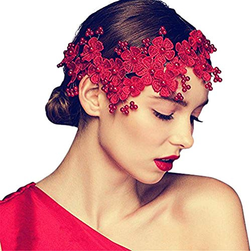 RemeeHi Hair Comb, Handmade Wedding Hair Jewelry with Pearl Tiara, Crystal, Red Flower, 25*7cm, for Female