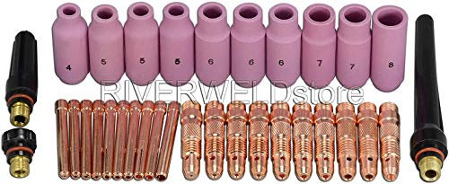 RIVERWELD WIG Spannhülsengehäuse Gasdüsen Zurück Cap Verschiedene Größe Kit Passen DB SR WP-17 18 26 WIG-Schweißbrenner 33 Stück