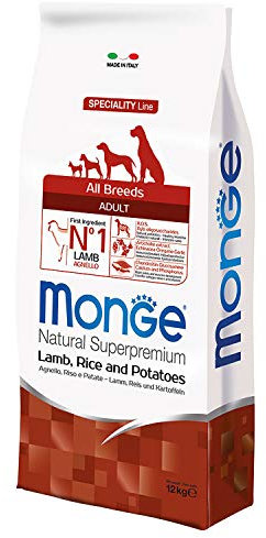 Monge Natural Superpremium Adult Lamb, Rice and Potatoes, Hundefutter für alle Rassen (Trockenfutter für Hunde mit Lamm, Reis & Kartoffeln, sehr Ballaststoff- & Vitaminreich, 12 kg)