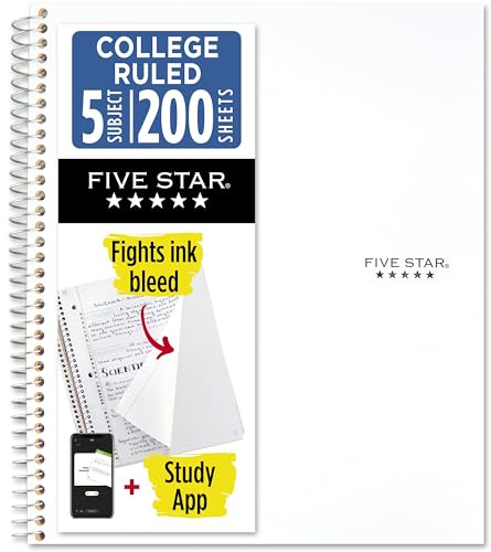 Five Star Spiral Notebook + Study App, 5 Subject, College Ruled Paper, Fights Ink Bleed, Water Resistant Cover, 8-1/2 x 11, 200 Sheets, White (72460)