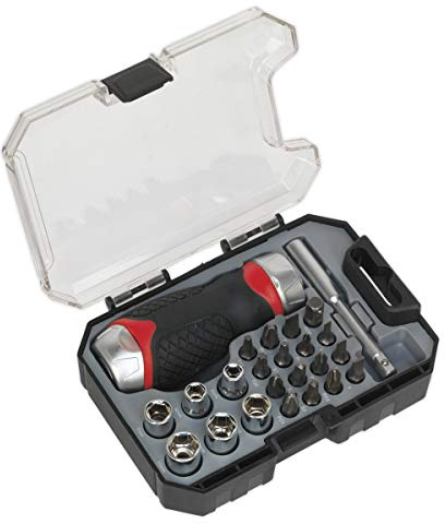 Sealey Ak64906 Set de 24 Pièces Stubby Tournevis à cliquet à dents fine, Argent