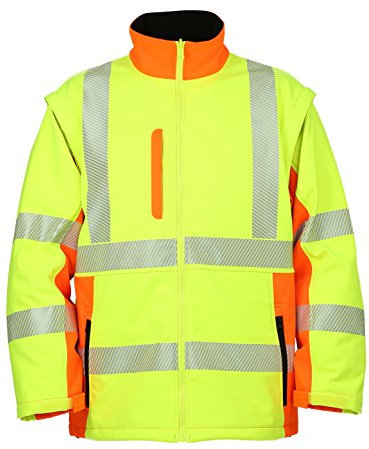 LeiKaTex Warnschutz-Softshelljacke mit Stehkragen und abnehmbaren Ärmeln (L, Neongelb/Orange) Funktionsmaterial, Taschen, Reflexstreifen, Kinnschutz, Winter Arbeitsjacke Warnschutzjacke EN 20471