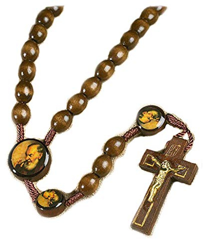 Autom Padre Pio Rosary Wood Bead 10mm 19 Inch Prayer Card | 5 decades of wood beads on cord, includes prayer card to St Pio, ideal keepsake or gift.