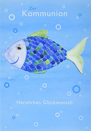 Perleberg Kommunionskarte mit creme Umschlag 11,6 x 16,6 cm - Glückwunschkarte zur Kommunion - blaues Fischmotiv - Karte zur Kommunion Mädchen & Jungen - Ideal für Geldgeschenke, 7120013-2
