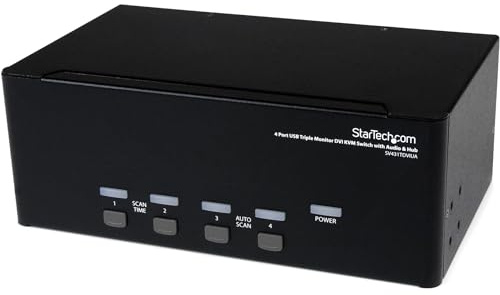 StarTech.com 4 Port Dreifach Monitor DVI USB KVM Switch mit Audio und USB 2.0 Hub - Tripel Monitor KVM Umschalter | 3 Monitore, 4 PCs, Drucktaste, Schnelltaste, Treiberlos, Frontblende