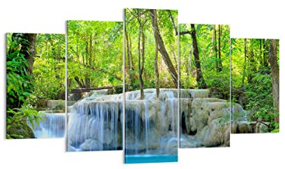 Deco Décoration Salon Cascade Forêt environnement Moderne Impression sur Toile 160x85cm Image Tableau Decoration Murale Chambre Triptyque 5 parties Art Wall Tableaux Decoratifs Muraux EA160x85-2664