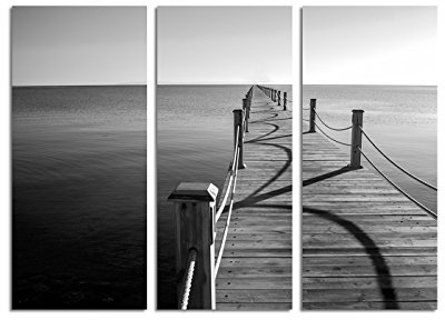 Paul Sinus Art 130x90cm – Keilrahmenbild Meer Seebrücke Anlegestelle schwarz-weiß 3teiliges Wandbild auf Leinwand und Keilrahmen - Fotobild Kunstdruck Artprint
