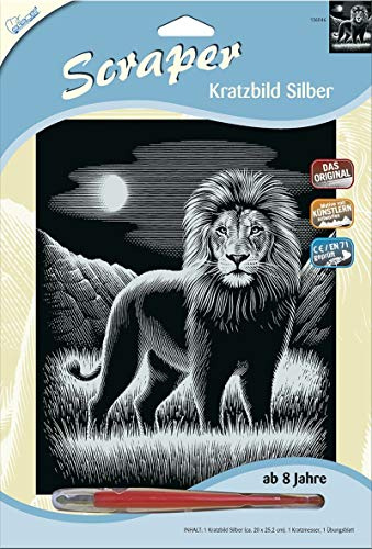 Mammut 136046 - Kratzbild Motiv Löwe, Silber, glänzend, Komplettset mit Kratzmesser und Übungsblatt, Scraper, Scratch, Kritzel, Kratzset für Kinder ab 8 Jahre