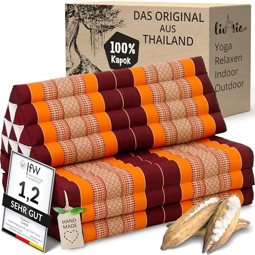 livasia Coussin thaï 3 Blocs pour Couple XXL - 190x80x8cm - Coussin Triangulaire Matelas Pliable, Kapok Ultra Large, Coussin de Soutien Dorsal, Tapis thaï, Coussin de méditation (Orange)